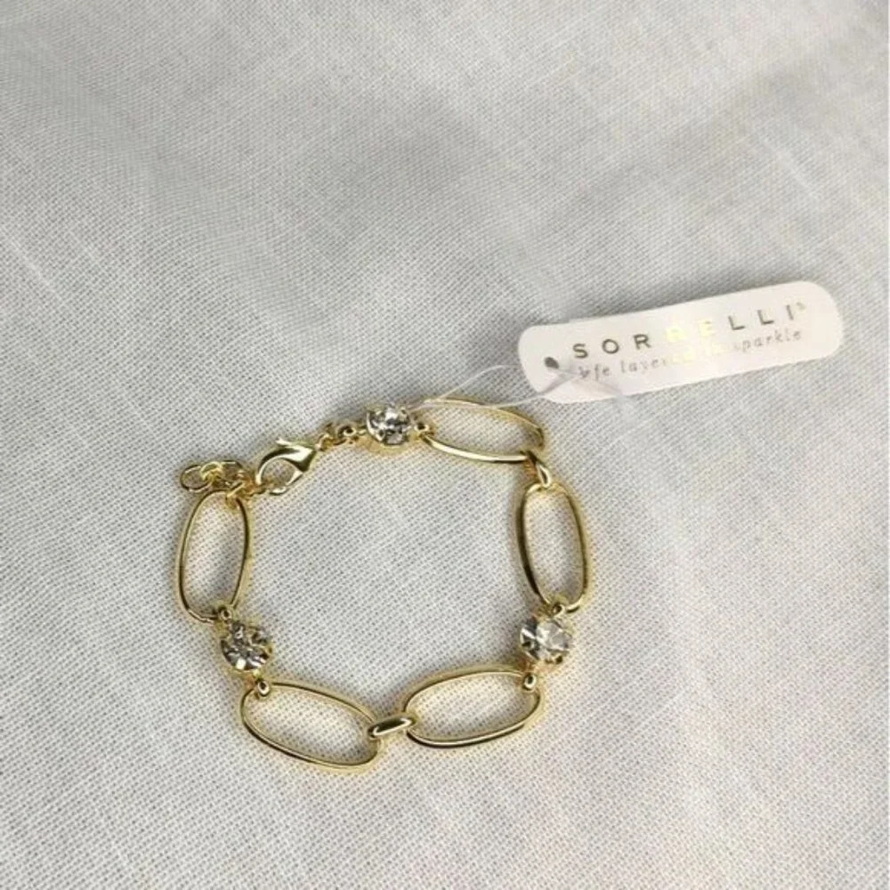 SORRELLI Paige Crystal Tennis Bracelet Gold Plated Chain Link Paperclick - Picture 2 of 6